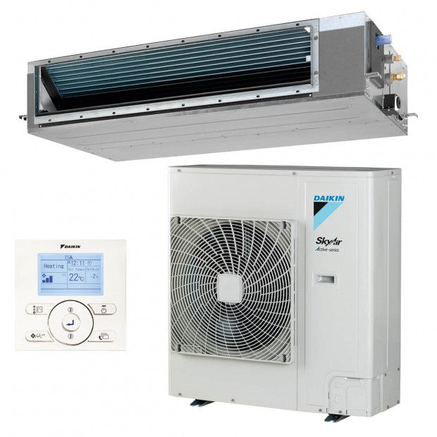 Equipo de climatización silencioso Daikin con conductos y unidad exterior para control eficiente