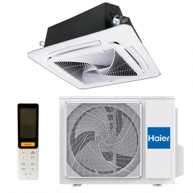 Aire acondicionado techo oficina Haier cassette con unidad exterior y control remoto blanco