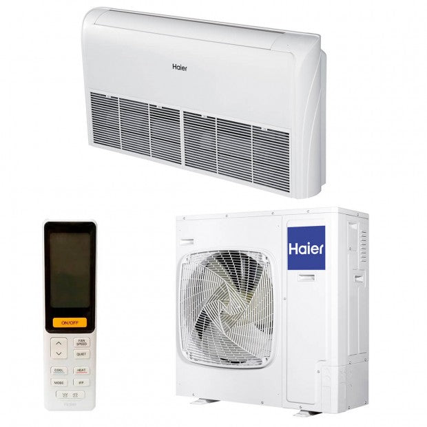 Sistema de climatización residencial suelo techo Haier con unidad interior, exterior y control remoto