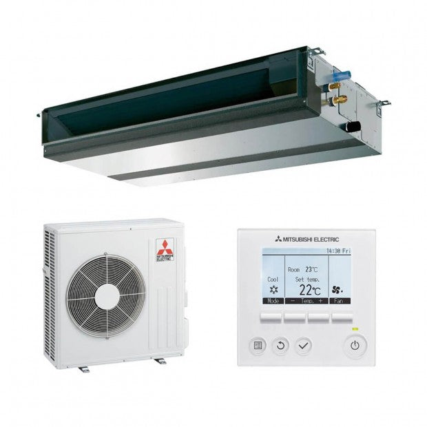 Sistema de instalación aire acondicionado conductos Mitsubishi con unidad interior, exterior y termostato digital