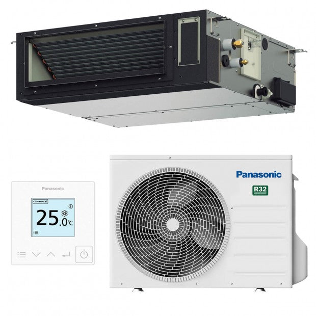 Kit aire acondicionado oculto Panasonic con unidad interior tipo conducto, unidad exterior y termostato digital
