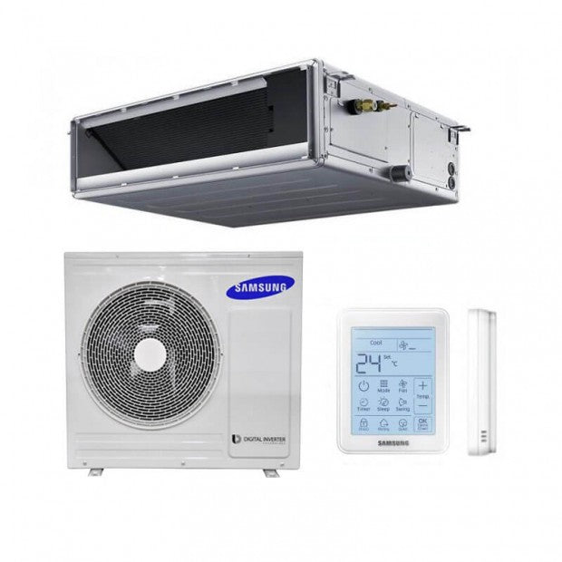 Sistema de aire acondicionado Samsung oculto con conductos, unidad exterior, control digital y sensor