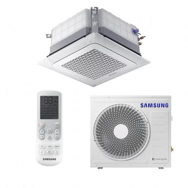 Cassette Samsung para sistema de climatización comercial con control remoto y unidad exterior blanca