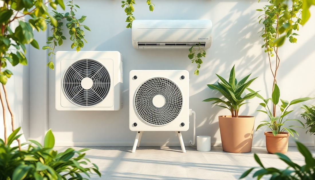 Modern air conditioner units installed on a white wall surrounded by green plants showcasing the best air conditioners for home 2025