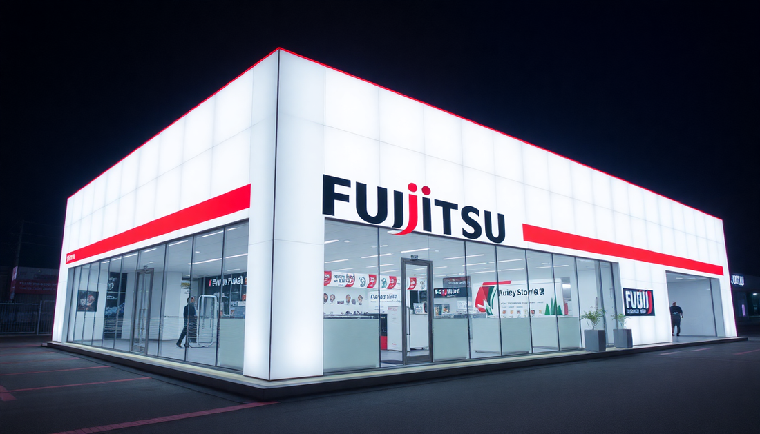 Modern Fujitsu store exterior at night showcasing products in Fujitsu air conditioner review 2025