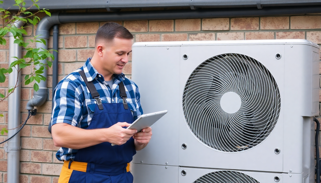 Technician inspecting outdoor HVAC unit using tablet for summer HVAC maintenance checklist 2025
