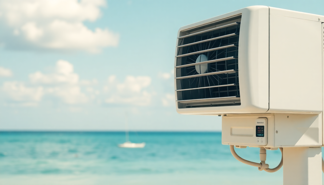 Outdoor air conditioner unit installed near ocean with clear sky representing Fujitsu vs Samsung air conditioners