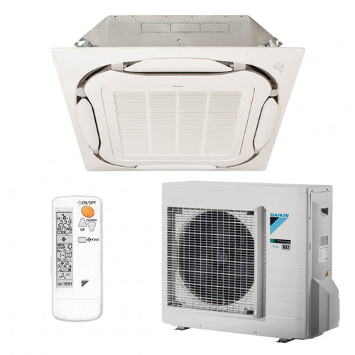 Climatizador comercial techo empotrable Daikin con unidad interior tipo cassette y control remoto