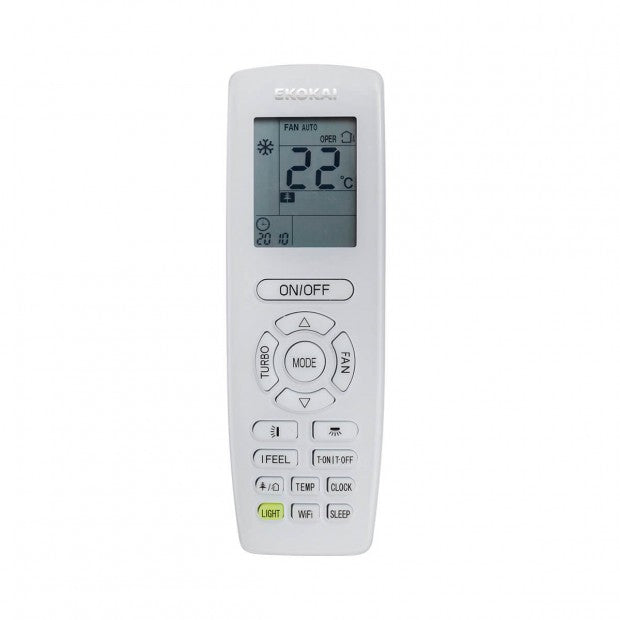 Control remoto blanco para aire acondicionado EKO-DPA71FHX de EKOKAI con pantalla digital y múltiples funciones