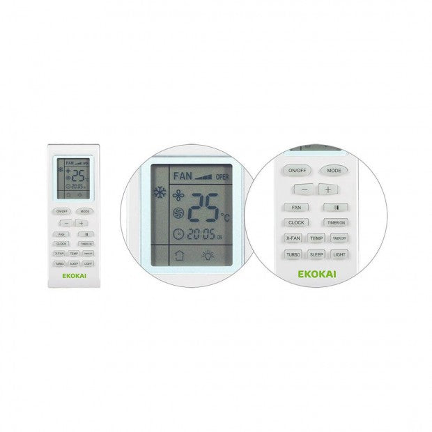 Control remoto de aire acondicionado portátil EKO-PAR35 de EKOKAI con pantalla digital y botones funcionales