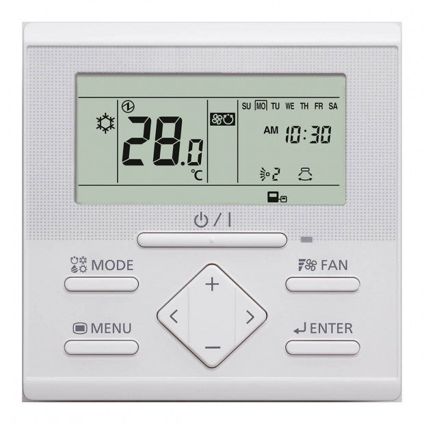 Control remoto digital para aire acondicionado por conductos Fujitsu con pantalla y botones de modo y ventilador