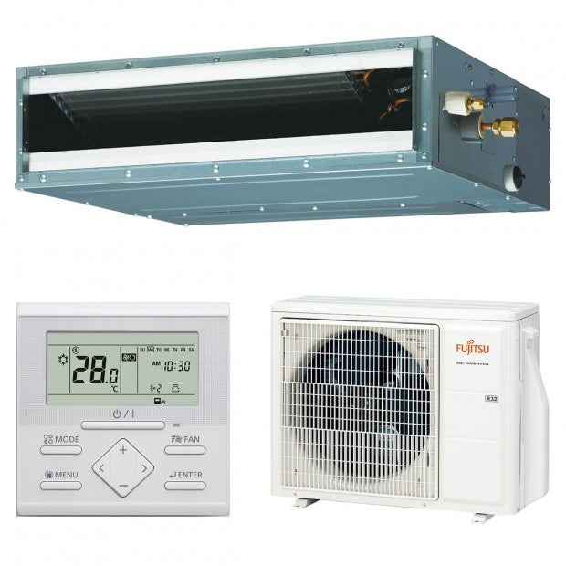 Sistema de aire acondicionado por conductos Fujitsu con unidad interior, exterior y control remoto digital
