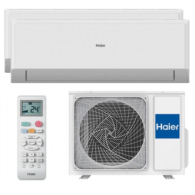Split Pared aire acondicionado HAI-GEOS R+ 25 de HAIER con control remoto y unidad exterior blanca