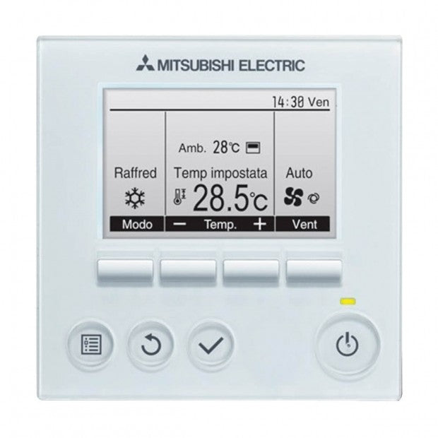 Control digital para instalación aire acondicionado conductos Mitsubishi con pantalla y botones fáciles de usar