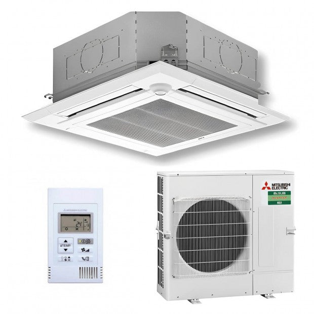 Sistema de aire acondicionado comercial Mitsubishi Electric tipo cassette con control remoto y unidad exterior