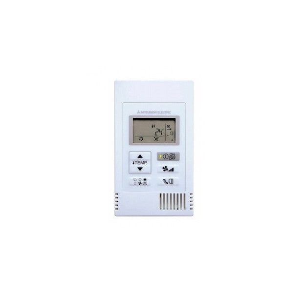 Control remoto Mitsubishi Electric para sistema de aire acondicionado comercial con pantalla y botones funcionales