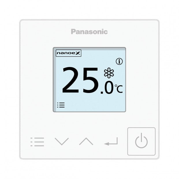 Control digital blanco para kit aire acondicionado oculto Panasonic con pantalla de temperatura y botones táctiles