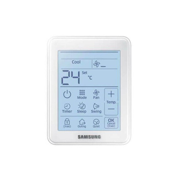Control digital blanco para aire acondicionado Samsung oculto con pantalla LED y múltiples funciones