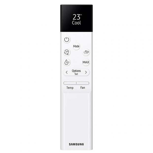 Control remoto blanco para mini split SAM-F-AR60F09NX de pared Samsung con pantalla digital y botones funcionales