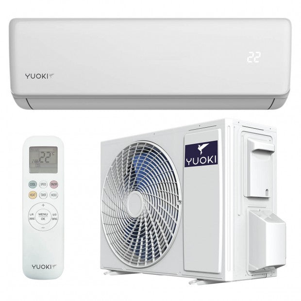 Aire acondicionado Split Pared YUOKI modelo YUO-WIN25D bajo consumo con unidad interior, unidad exterior y control remoto