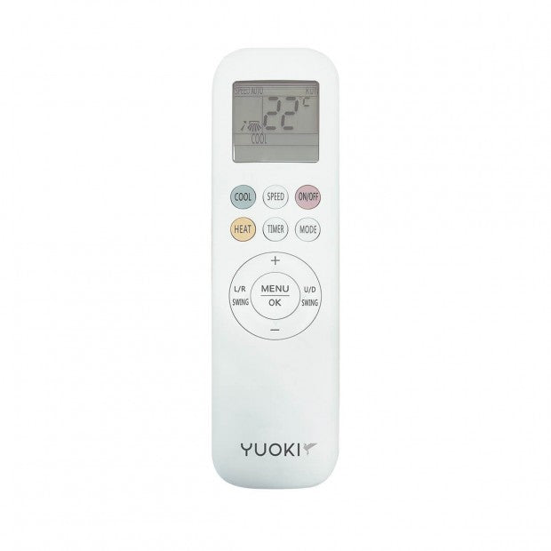 Control remoto blanco para Split Pared YUOKI modelo YUO-WIN25D bajo consumo con pantalla digital